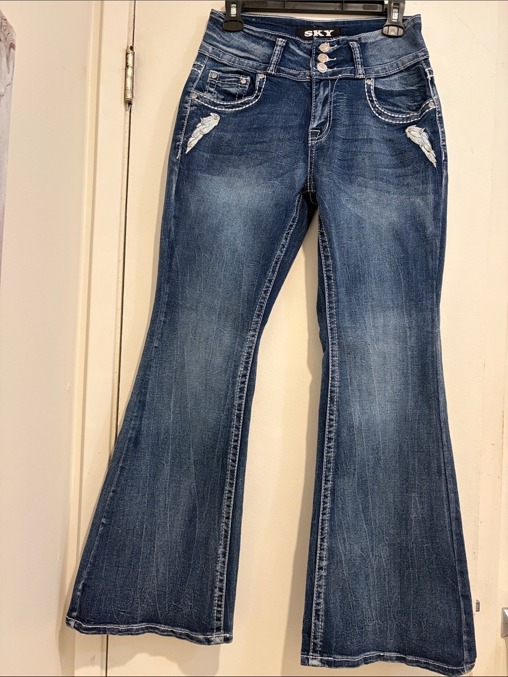 Sky Dark Wash Flared Jeans with Whisker Fade size 9/10